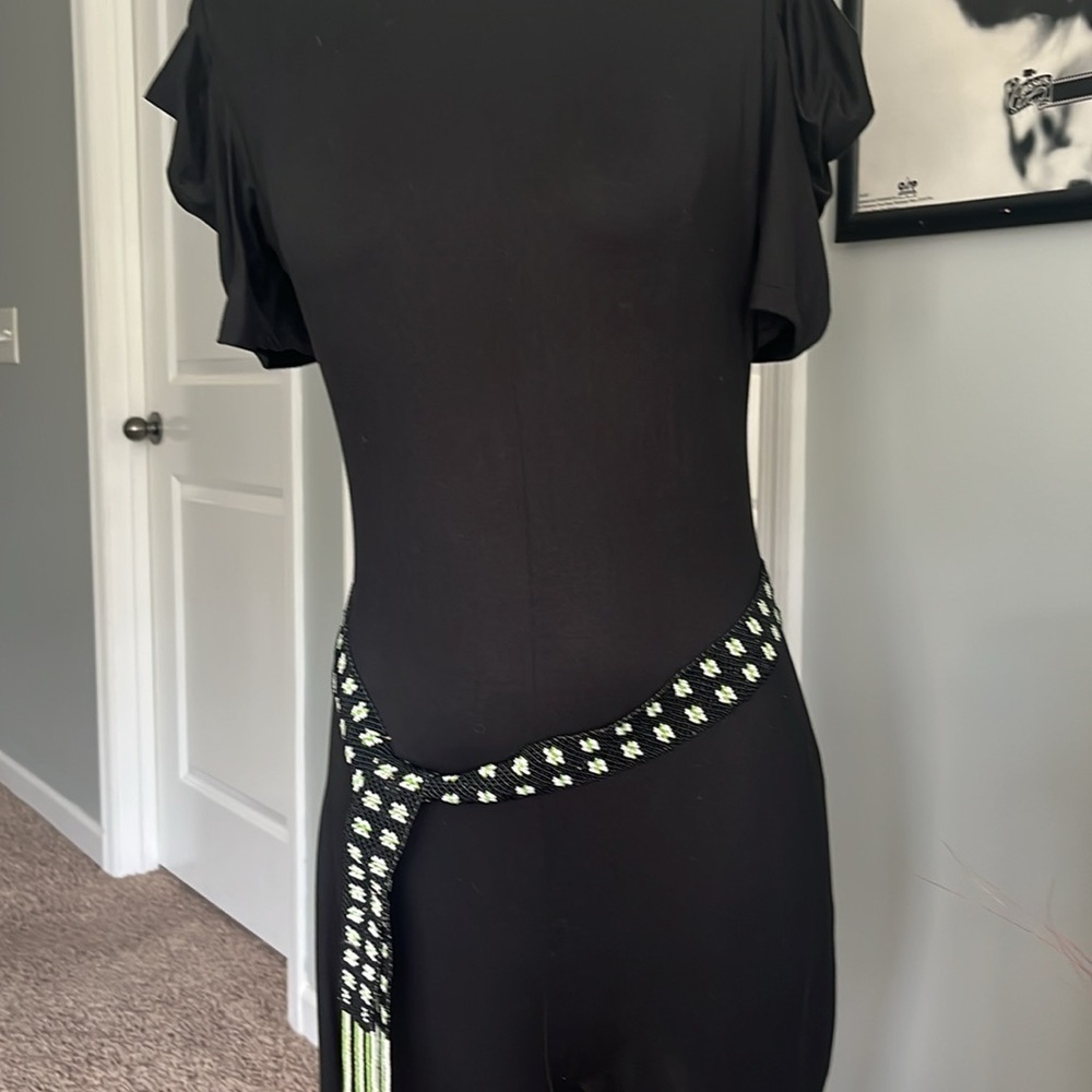 Handmade micro seed bead belt with fringe black, green, white vintage wrap belt